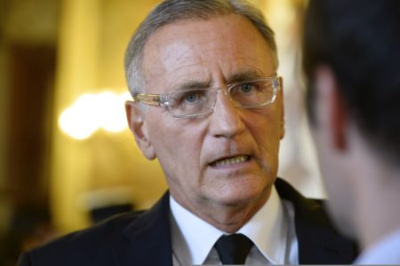 French Junior Minister for Territorial Reform Andre Vallini speaks to the press during a session of questions to the government at the French Senate on July 17, 2014 in Paris . AFP PHOTO / BERTRAND GUAY